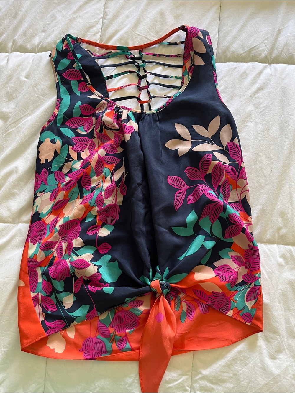 Floral Knot-Front Camisole Tank - Black with Coral & Fuchsia